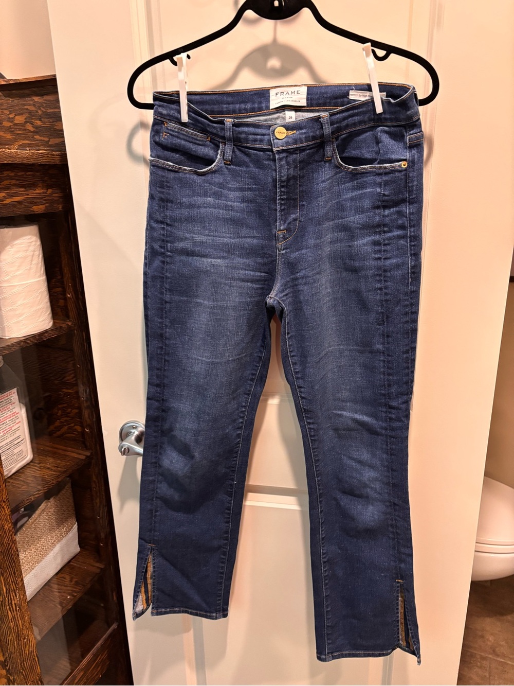 Frame Denim Le High Straight Mid-Rise Dark Indigo Jeans with Ankle Slits